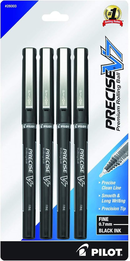 Pilot, Precise V7, Capped Liquid Ink Rolling Ball Pens, Fine Point 0.7 mm, Black, Pack of 4