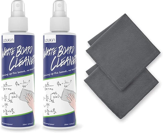 loukin Non-Toxic Whiteboard Cleaner, 8.5 fl oz Dry Erase Board Cleaner, Low-Odor Whiteboard Cleaning Spray with Cloths, Removes Stubborn Marks from Whiteboards (2-Pack)