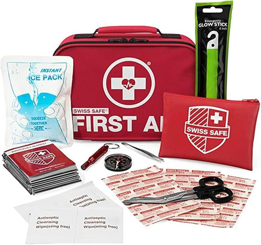 Swiss Safe 2-in-1 First Aid Kit for Car, Travel & Home, Businesses - Bonus Mini Kit for Medical Emergency Aid, Survival, Camping - FSA & HSA Eligible - 120+32 Pcs, Small+Travel FAK