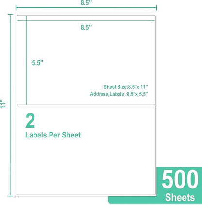 L LIKED Half Sheet Shipping Labels 2 per Sheet, 500 Sheets Printable 8.5" x 5.5" Sticker for Laser & Inkjet Printers Labels (1000 Labels)