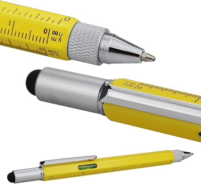 HeTaoCat Gifts Multi Tech Tool Pen 6 in 1 Stylus Pen - Screwdriver Pen with Ruler, Levelgauge, Ballpoint Pen Black ink (Yellow)