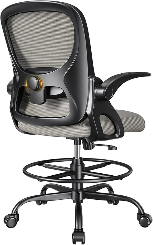Drafting Chair Tall Office Chair with Flip-up Armrests Ergonomic Computer Standing Desk Chair with Comfy Lumbar Support and Adjustable Footrest Ring for Bar Height Desk(Black-Gray)