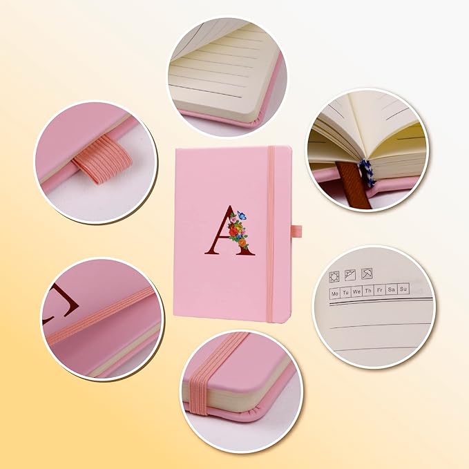 Pink Notebook for Women, 5.7"X8.3" A5 Journal Notebook with Letter R, Dual-Sided Writing Notebook with Dividers, Cute Leather Journal for Work, Business, School, Meetings, Travelers, Small Notebook