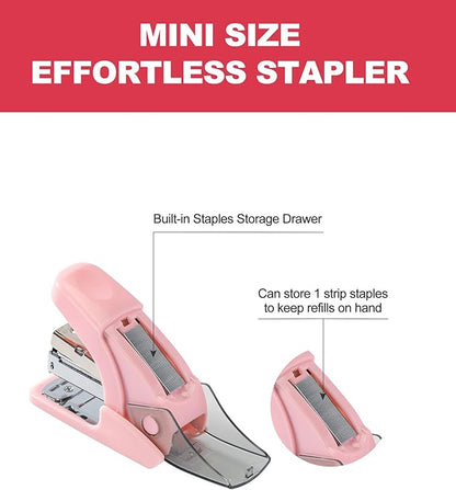 PAPERPAL Effortless Mini Stapler Set, 20 Sheet Capacity, Integrated Remover & Staple Storage, Holds 1/4" Staples, Includes 1000 Staples, Lightweight, Office, School & Daily Use, Pink