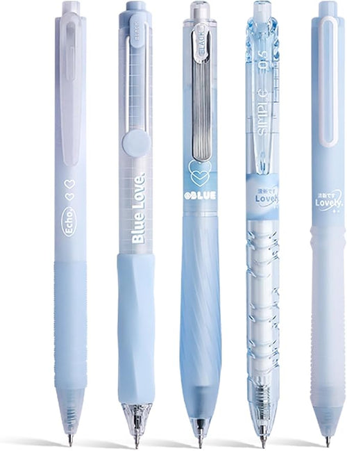5 Count Pastel Gel Ink Pen Set,Cute Note Taking 0.5mm Fine Point Retractable 5 Count Black Ink Pens for Writing, Journaling, School, Office (Light Blue Clear)