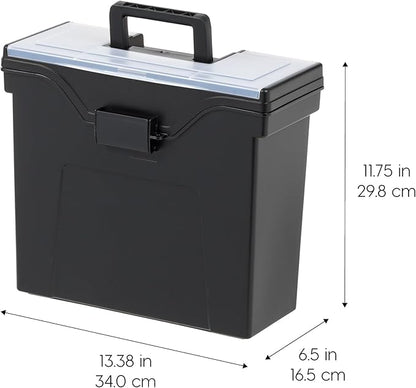 IRIS USA File Box Slim with Lid File Organizer for Letter File w/ Organizer-Lid, Water Resistant Document Box, Plastic Mobile Filing Organizer, Secure Buckle, Portable Handle, Lockable, Black 4 Pack