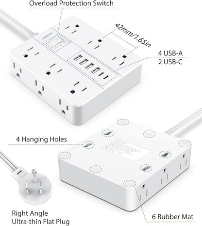 Surge Protector Power Strip 15 Ft Extension Cord, 12 Widely Spaced Outlets 6 USB (2 USB C) Ports, Ultra Thin Flat Plug Surge Protection for Home, Office, Dorm Room Essentials