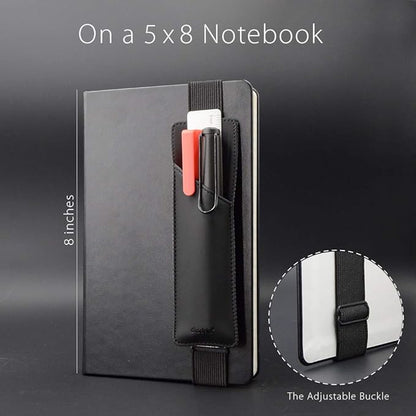 Adjustable Elastic Band Pen Holder, Pencil Holder, Pen Sleeve Pouch for Hardcover Journals, Notebooks, Planners, Binders, Fit Notebooks from 8" to 11” in Height, PU Leather, Detachable, Black