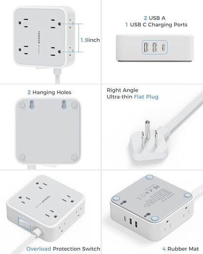 Surge Protector Power Strip 15 Ft Cord, 8 Widely Spaced Outlets, 3 USB Charger(1 USB C Port), Ultra Thin Flat Plug Extension Cord 15 Feet, 900J Surge Protection for Home, Office, Dorm Room Essentials