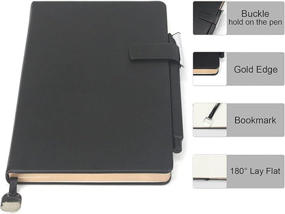 A5 Hard Cover Notebook with Pen Holder, Gold Edges & 180° Lay Flat - Large 5x8.25 Dot Grid, Bookmark, Gift Box - Durable Journal for Office, Study, Travel - Writers, Students(Black)