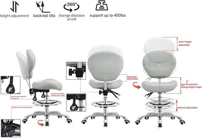 Kaleurrier Adjustable Stools Drafting Chair with Backrest & Foot Rest,Tilt Back,Swivel Seat,Rolling Wheels,for Studio,Dental,Office,Salon and Counter,Armless Tall Home Desk Chairs (Grey)