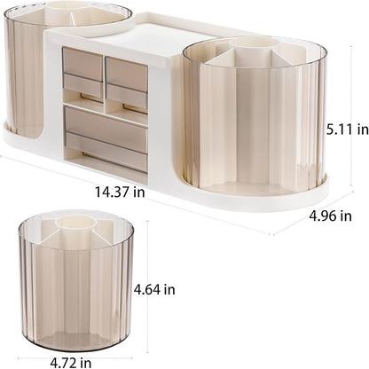 Rotating Desk Organizer with 2 Pen Holder, Desk Organizers and Accessories with 10 Slots Pencil Holder for Desk + 3 Drawer, Art Supply Storage Box Caddy for Office School Home (Light Grey)