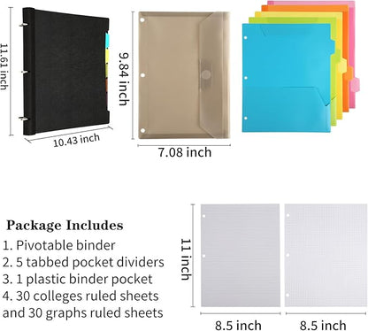 Pivotable Refillable Notebook, 3 Ring Binder Notebooks 1 Inch, Notebook with Dividers and Pockets, Folder Notebook, Flexible Binder, Soft Binders 3 Ring, Foldable Binder- Black