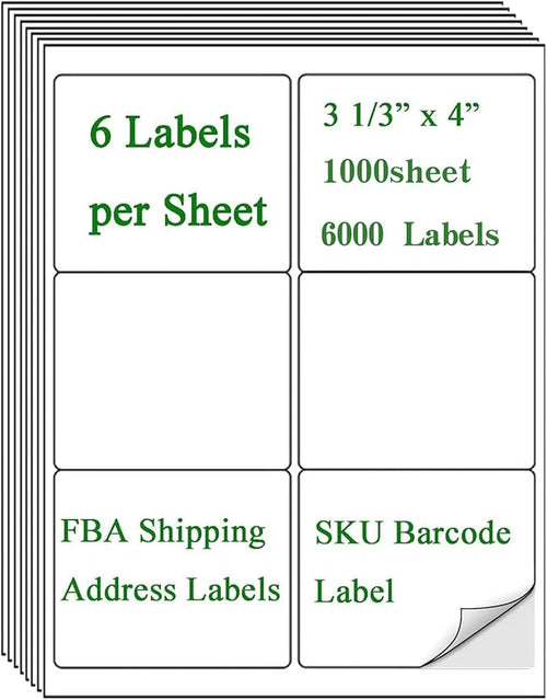 6 Up Shipping Address Labels, 3.33" X 4" (8164/5164) FBA SKU Barcode Label for Inkjet/Laser Printer (1000 Sheet -6000 Labels)