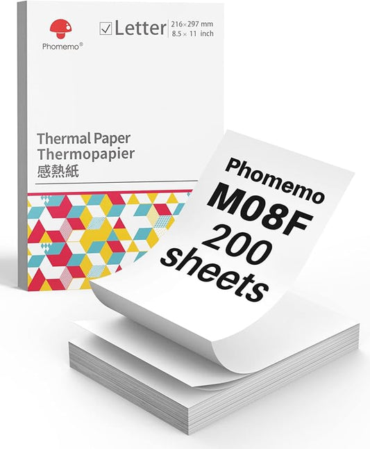 Phomemo US Letter Thermal Printer Paper,Continuous Phomemo M08F Thermal Paper,Compatible with COLORWING M08F, M832, M834, MT800/MT800Q, with Brother Letter Portable Printer, Size 8.5" x 11",200 Sheets