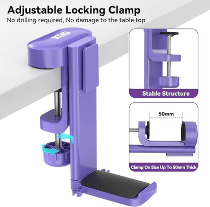 KDD 4 in 1 Desk Cup Holder - Clamp on Under Desk Headphone Hanger - Rotating Headphone Holder Detachable Pen Cup Holder Desk Storage for Cup, Phone and Pen(Purple)