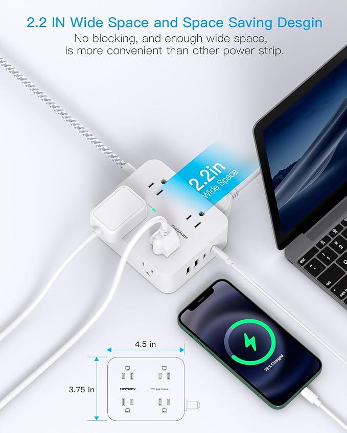 Extension Cord 25 Ft, Surge Protector Power Strip with 8 Outlets 4 USB Ports(2 USB C), Long Cord, Wall Mount, Desk USB Charging Station for Home Office College Dorm Room Essentials
