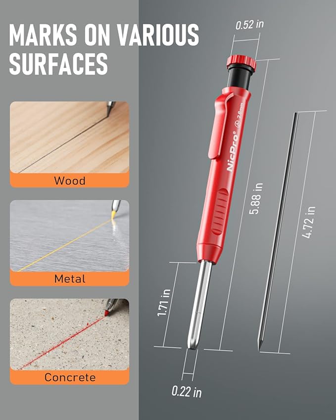 Nicpro Carpenter Pencil with Sharpener, Mechanical Pencils Set with 26 Refills, Deep Hole Marker for Construction, Heavy Duty Woodworking Pencils for Architect (Black, Red) - With Case