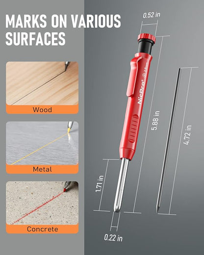 Nicpro Carpenter Pencil with Sharpener, Mechanical Pencils Set with 26 Refills, Deep Hole Marker for Construction, Heavy Duty Woodworking Pencils for Architect (Black, Red) - With Case