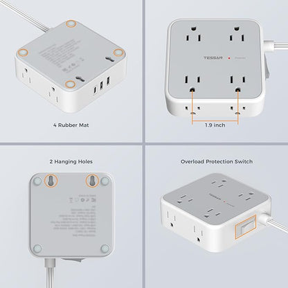 Surge Protector Power Strip Flat Plug, TESSAN Long Extension Cord 10 FT with 8 Outlets, 3 USB Ports(1 USB C), 3-Sided Outlet Extender, 900 Joules Protection, Desk Charging Station for Home, Office