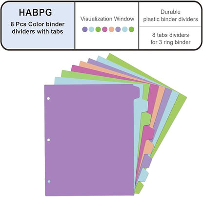HABGP 16Pcs/2 Set Binder Dividers with Tabs, 8 Color Tab for 3 Ring Binder Dividers, Page Folder Dividers for 3 Ring Binder Sheet Paper Protectors, Plastic Tabbed File Dividers with Tabs