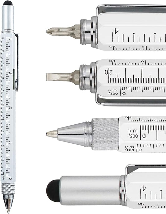 HeTaoCat Gifts Multi Tech Tool Pen 6 in 1 Stylus Pen - Screwdriver Pen with Ruler, Levelgauge, Ballpoint Pen Black ink (White)