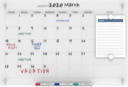Audio-Visual Direct Magnetic Glass Dry Erase Board Set (3' x 2', Calendar Ultra White) for Wall - Monthly Planner