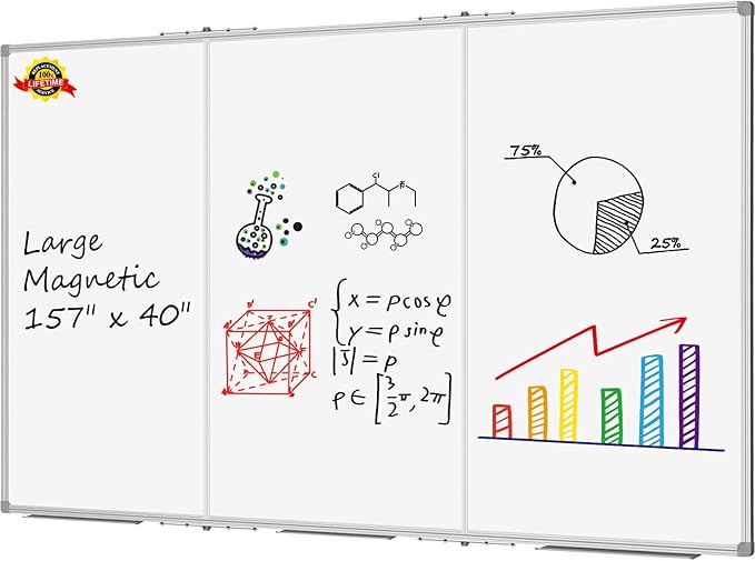 Lockways Large Magnetic 157" x 40" Dry Erase Board, Foldable Wall Mounted Whiteboard| White Board with Pen Tray for Business,Team,Home Office,Home Education and School Classroom