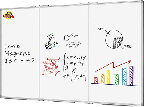 Lockways Large Magnetic 157" x 40" Dry Erase Board, Foldable Wall Mounted Whiteboard| White Board with Pen Tray for Business,Team,Home Office,Home Education and School Classroom