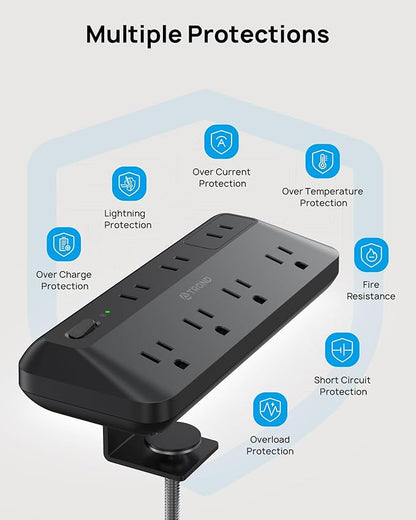 TROND Desk Clamp Power Strip - 1700J Surge Protector with 7 Outlets, Desktop Edge Mount Extension Cord, Fit 1.97" Tabletop, 10FT Flat Plug for Teacher Must Haves, Office, ETL List, Black