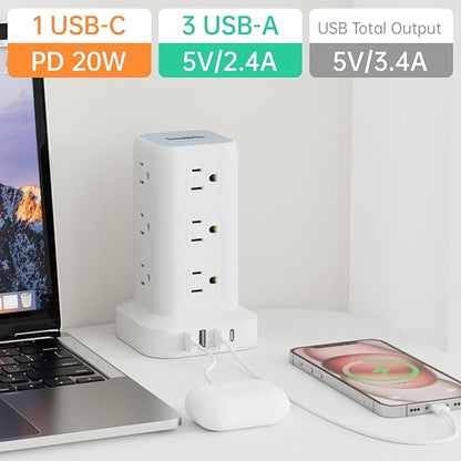 PD20W Power Strip Tower Surge Protector Power Strip with USB 12 Outlets with 4 USB Ports (1 USB C), Flat Plug 10FT Extension Cord Multi Plug Outlet Extender Overload Protection for Home Office