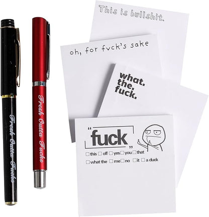 Fresh Outta Fucks Pad and Pen Funny Sticky Notes and Pen Set White Elephant Gift Novelty Pen Funny Desk Accessory Fun Gifts for Friends (B-Set 2 Pen+4 Notes)