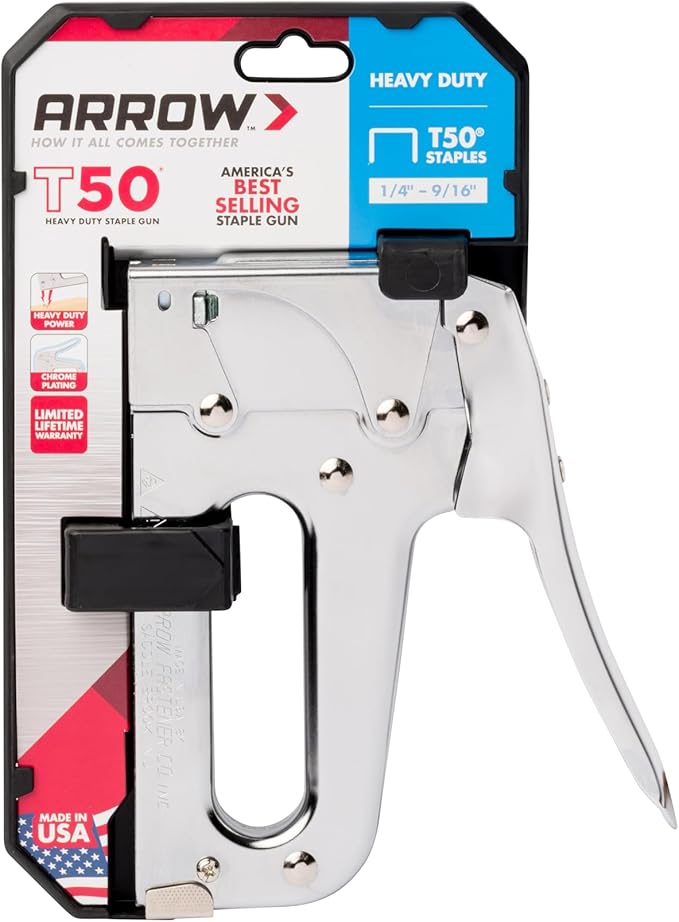 Arrow T50 Heavy Duty Staple Gun for Upholstery, Wood, Crafts, DIY and Professional Uses, Manual Stapler Uses 1/4”, 5/16”, 3/8", 1/2", or 9/16” Staples