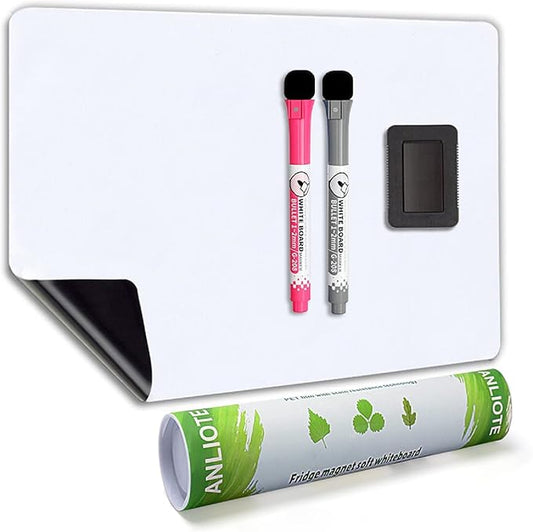 Magnetic Dry Erase Board Fridge Whiteboard Sheet 17"x11", Easy to Write and Clean, Flexible Refrigerator White Board for Home Kitchen Memo Shopping List, 2 Marker Pens and Eraser with Magnets