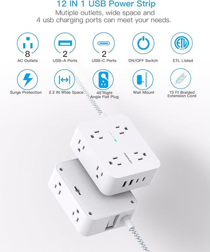 Surge Protector Power Strip 15 Ft Long Cord, Extension Cord 15 Feet with 8 Outlets 4 USB Ports(2 USB C), Flat Plug, Desk Charging Station for Home Office College Dorm Room Essentials