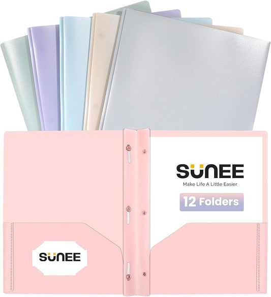 SUNEE 2 Pocket Folders with Prongs (12 Pack, Pastel Colors) Plastic Folders with Pockets and Prongs Fit Letter Size, Poly Folders with Pockets for School Office Home Business