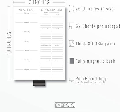 Evercio Meal Plan & Grocery List Magnetic Notepad for Refrigerator | For Shopping Lists Planner Organizer Memo Note Pad for Fridge | Kitchen Gift for Mother, Girlfriend | 7x10 Inches, 52 Sheets