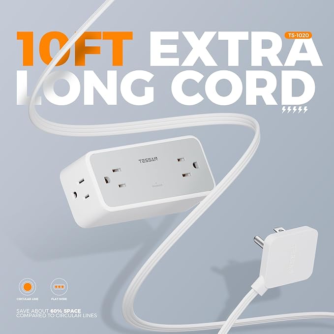 Surge Protector Power Strip, TESSAN Flat Plug Extension Cord 10 FT with 4 Wide Spaced AC Outlets, 900J Protection, Wall Mountable Charging Station for Home Office School Dorm Room Essentials