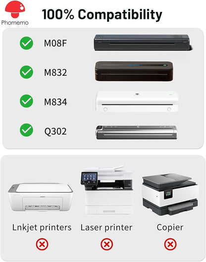 Phomemo US Letter Thermal Printer Paper,Continuous Phomemo M08F Thermal Paper,Compatible with COLORWING M08F, M832, M834, MT800/MT800Q, with Brother Letter Portable Printer, Size 8.5" x 11",200 Sheets