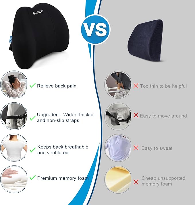QUTOOL Lumbar Support Pillow for Office Chair, Memory Foam Low Back Support,Back Pain Relief, Ergonomic Large Back Cushion for Desk Chair,Gaming Chair,Adjustable Strap and Washable Cover