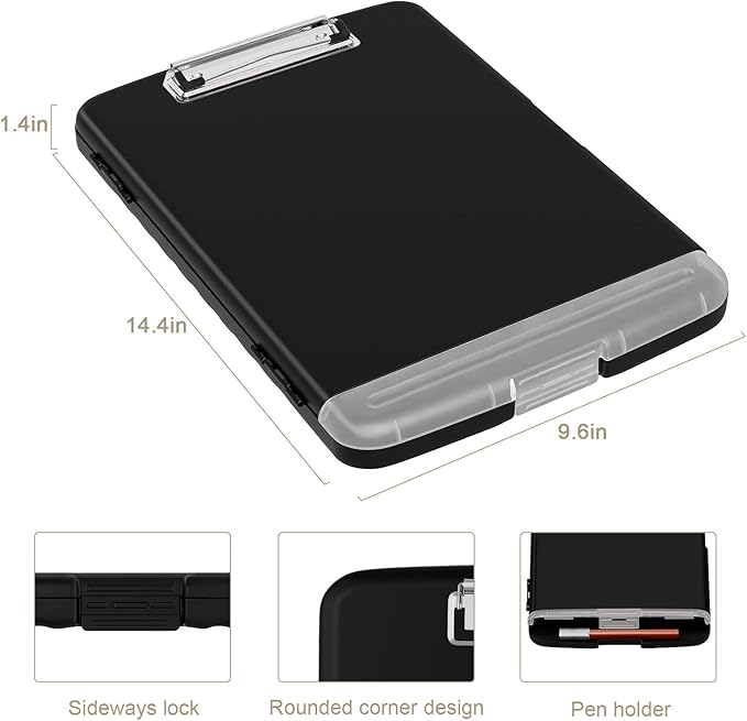 Piasoenc Clipboard with Storage, 8.5 x 11 Organization Box with Pen Holder and A4 Legal Paper Folder, Heavy Duty Plastic, Folio & Side-Opening, Low Profile Clip for Nurses, Teachers, Lawers, Black