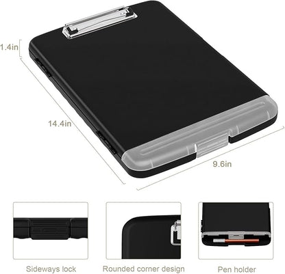 Piasoenc Clipboard with Storage, 8.5 x 11 Organization Box with Pen Holder and A4 Legal Paper Folder, Heavy Duty Plastic, Folio & Side-Opening, Low Profile Clip for Nurses, Teachers, Lawers, Black