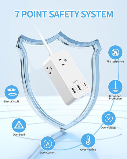Small Flat Plug Power Strip, Extension Cord with 3 USB Wall Charger(1 USB C), 3 Outlets Mini Charging Station, 5 FT Flat Plug for Cruise Travel Office School Dorm Room Essentials