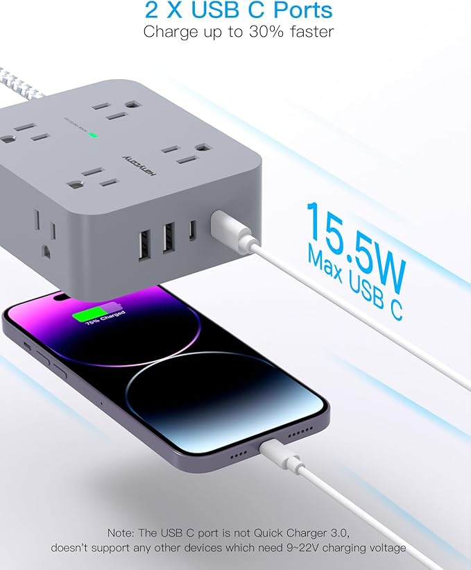 Extension Cord 6 Feet, Surge Protector Power Strip with 2 USB C Ports, 8 Outlets Extender with Flat Plug, Multi Plug Oulet for College Dorm Room Essentials