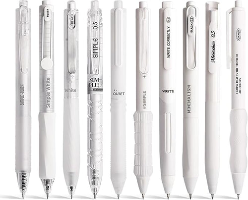 10 Count Pastel Gel Ink Pen Set,Cute Note Taking 0.5mm Fine Point Retractable 10 Count Black Ink Pens with for Writing, Journaling, School, Office (White)