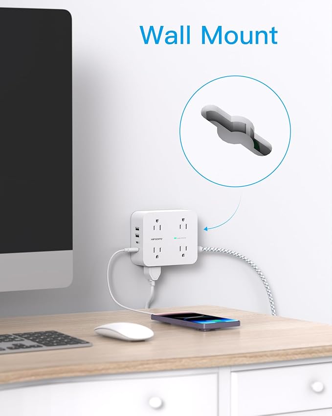 10 Ft Extension Cord with Multiple Outlets, Flat Plug Power Strip Surge Protector 10 Ft Long Cord, 8 Outlets, 30W USB C Charger (2 USB C Ports), Multi Plug Wall Outlet for College Dorm Room Essentials