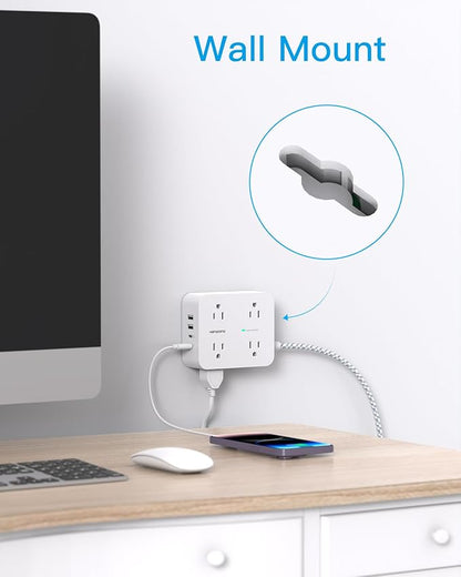 10 Ft Extension Cord with Multiple Outlets, Flat Plug Power Strip Surge Protector 10 Ft Long Cord, 8 Outlets, 30W USB C Charger (2 USB C Ports), Multi Plug Wall Outlet for College Dorm Room Essentials