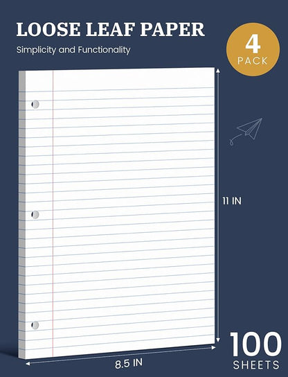 Loose Leaf Paper Wide Ruled, 8-1/2 x 11 In, 400 Sheets Filler Paper for 3-Ring Binder, Double-Printing Lined Paper, 3-Hole Punched Notebook Paper Binder Paper 8.5'' x 11'', 4 Pack, 100 Sheets/Pad