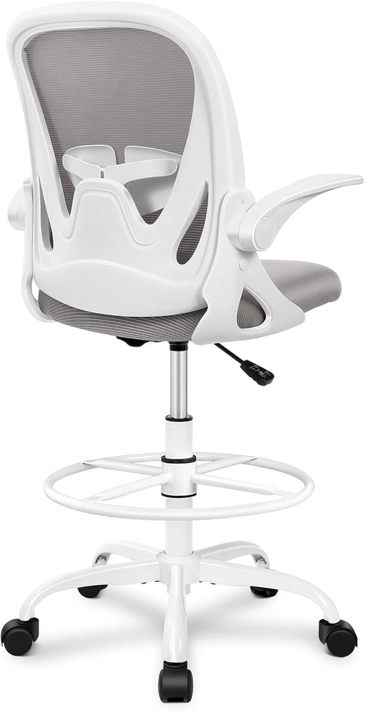 Primy Ergonomic Drafting Chair with Flip-up Armrests for Standing Desk - Tall Office Chair with Lumbar Support and Adjustable Footrest Ring（Gray）