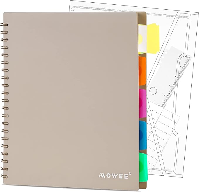 5 Subject Notebook - Spiral Notebook, College Ruled Notebook With Dividers Pocket, Tabs, 11" Ruler, 200 Pages, for Writing Journal, Home & Office, School Supplies, 8.5''x11'' CoCo Brown